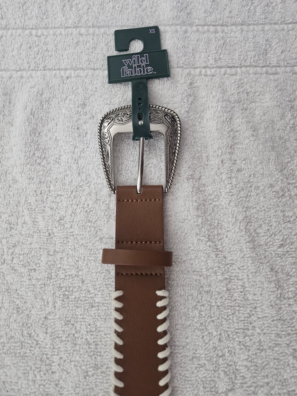 Wild Fable Brown Western Belt Engraved Silver Buckle Whipstitch Trim Size XS NWT - Picture 3 of 8